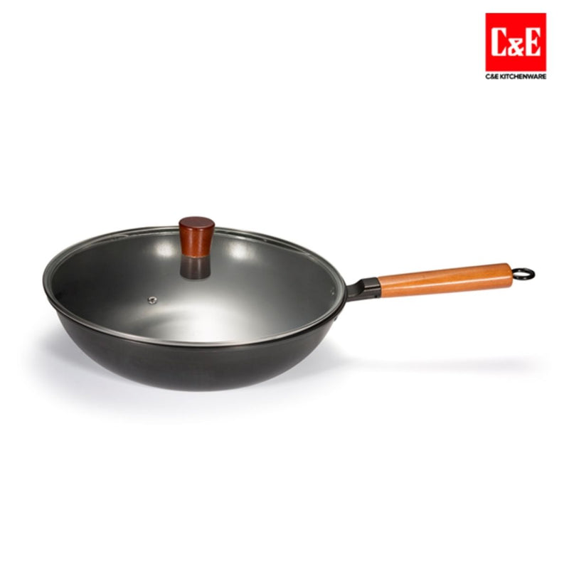 Wok de Hierro con Tapa de Vidrio Templado 32 cm (12.5”) Con Mango de Madera de Haya (Beech) Y Espesor 2.3 mm. Sartén Wok.
