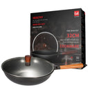 Wok de Hierro con Tapa de Vidrio Templado 32 cm (12.5”) Con Mango de Madera de Haya (Beech) Y Espesor 2.3 mm. Sartén Wok.