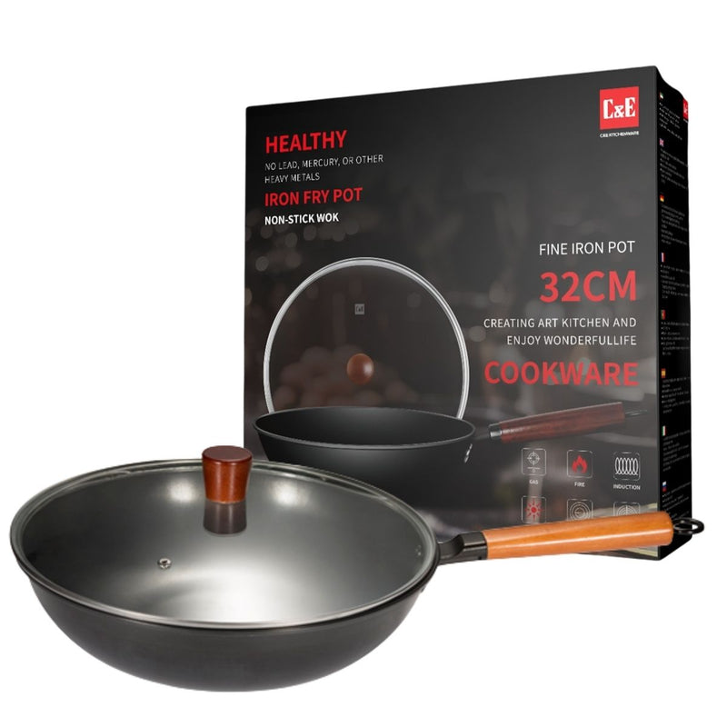 Wok de Hierro con Tapa de Vidrio Templado 32 cm (12.5”) Con Mango de Madera de Haya (Beech) Y Espesor 2.3 mm. Sartén Wok.