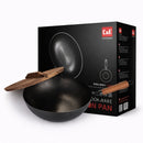 Wok de Hierro con Mango de Madera de Haya Carbonizada 32 cm (12.5”) Espesor 1.6 mm. Sartén Tipo Wok para Cocina
