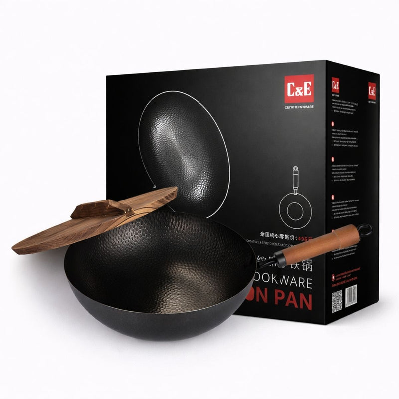 Wok de Hierro con Mango de Madera de Haya Carbonizada 32 cm (12.5”) Espesor 1.6 mm. Sartén Tipo Wok para Cocina
