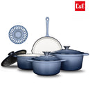 Ollas de Hierro Fundido Esmaltado 8 Piezas. Set de Cocina Con Sartén 26 cm, Ollas 20/22/24 cm. Espesor 3.2 mm. 100% Libre de Teflón. Color Azul