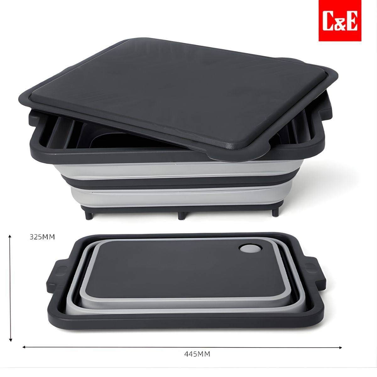 Cesta Multifuncional Plegable. Canasta Organizadora con Tapa, Diseño Compacto, Tamaño Abierto 41.8 x 29.9 x 13 cm. Tabla de Picar. Color Gris