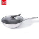 Wok de Acero Inoxidable de 3 Capas  con Tapa de Vidrio Templado 32 cm (12.5"). Sartén Antiadherente Multicapa de 2.2 mm