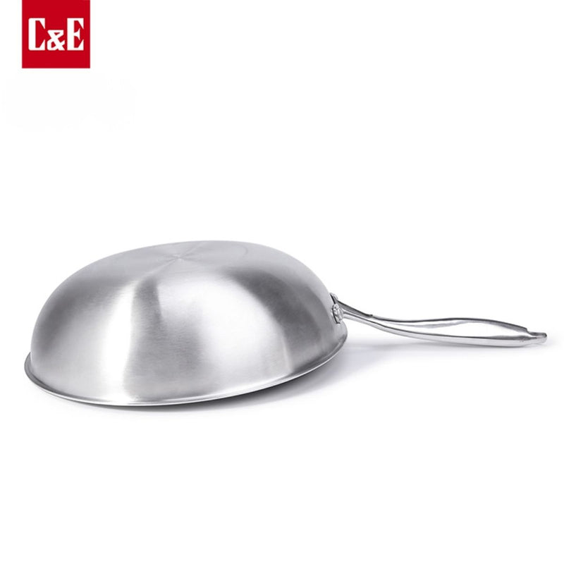 Wok de Acero Inoxidable de 3 Capas  con Tapa de Vidrio Templado 32 cm (12.5"). Sartén Antiadherente Multicapa de 2.2 mm