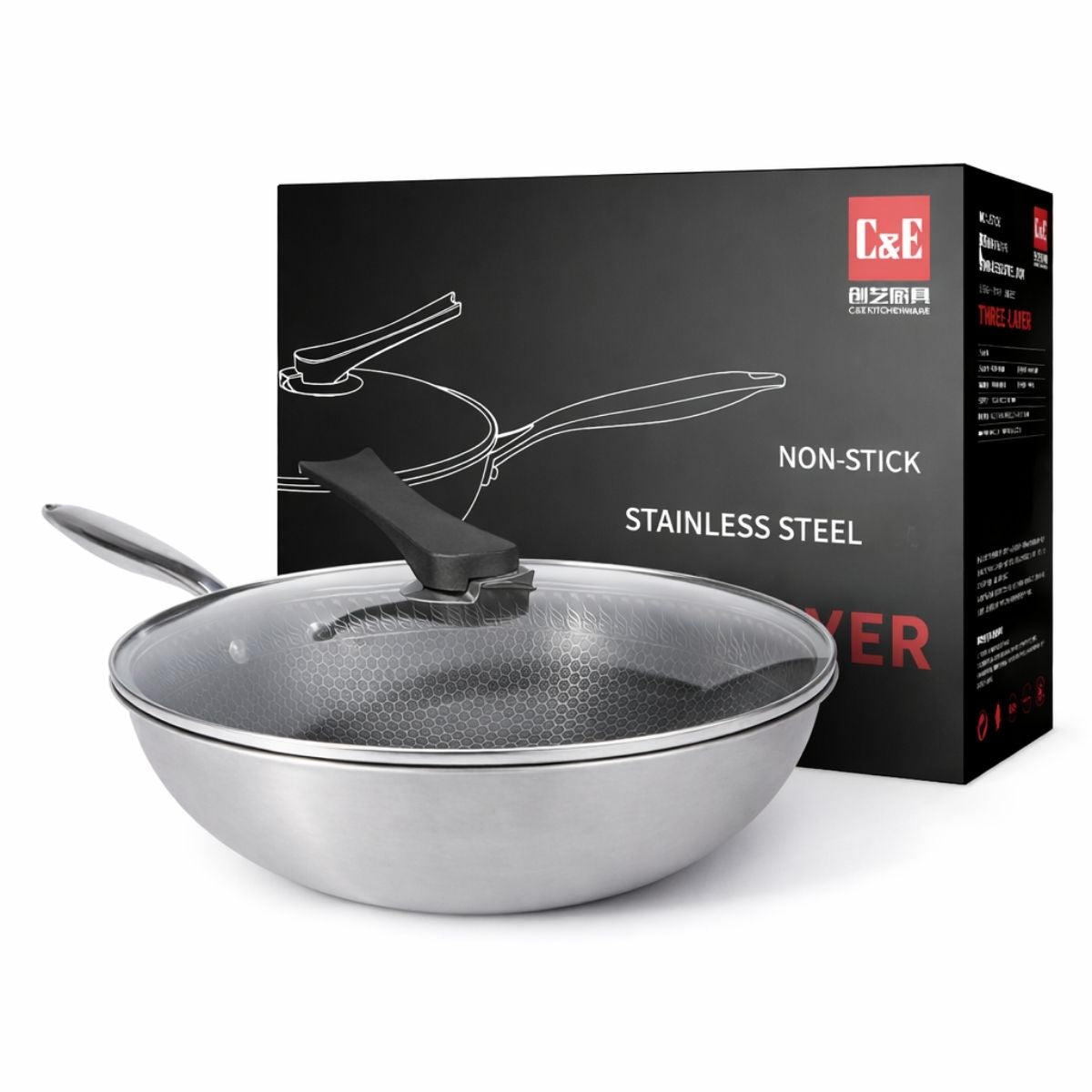 Wok de Acero Inoxidable de 3 Capas  con Tapa de Vidrio Templado 32 cm (12.5"). Sartén Antiadherente Multicapa de 2.2 mm