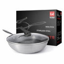 Wok de Acero Inoxidable de 3 Capas  con Tapa de Vidrio Templado 32 cm (12.5"). Sartén Antiadherente Multicapa de 2.2 mm