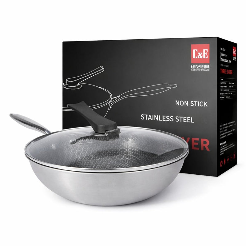 Wok de Acero Inoxidable de 3 Capas  con Tapa de Vidrio Templado 32 cm (12.5"). Sartén Antiadherente Multicapa de 2.2 mm