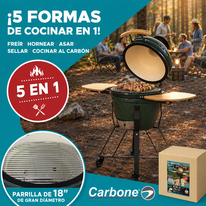 Parrilla tipo Kamado Ahumador de Cerámica 18”. BBQ Asador de Carbón con Termómetro, Mesas Laterales y Ruedas para Barbacoa.