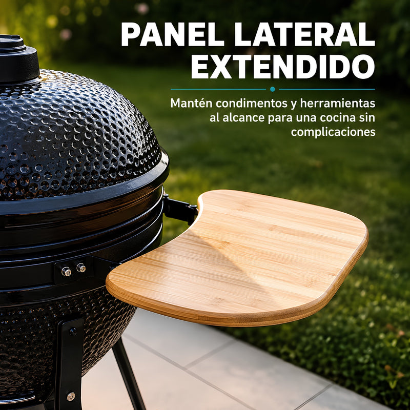 Parrilla tipo Kamado Ahumador de Cerámica 18”. BBQ Asador de Carbón con Termómetro, Mesas Laterales y Ruedas para Barbacoa.