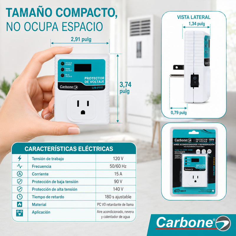 Protector De Voltaje 120V - 50/60Hz.Corriente 15A. Para Aires Acondicionados y Equipos de Refrigeración con Retardo 180Seg (3Min)