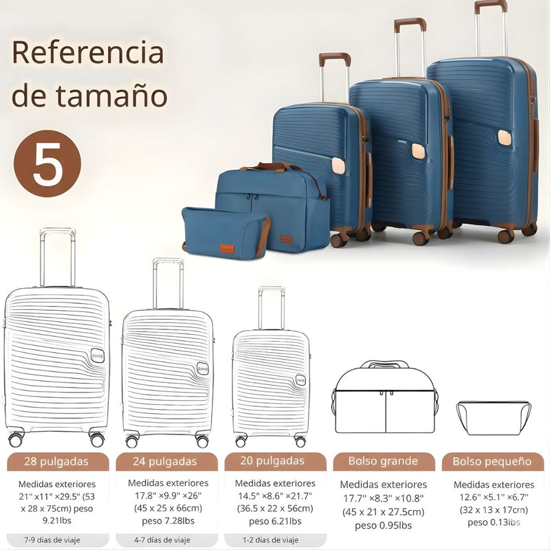 Maletas Equipaje De Viaje Con Candado De Combinación Integrado. Set De 3 Maletas Rígidas 20” 24” 28” Con Ruedas 360° + 2 Bolsos De Mano (5 Piezas). Color azul.