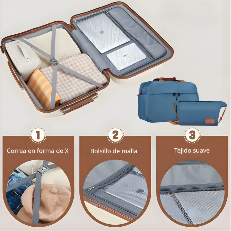 Maletas Equipaje De Viaje Con Candado De Combinación Integrado. Set De 3 Maletas Rígidas 20” 24” 28” Con Ruedas 360° + 2 Bolsos De Mano (5 Piezas). Color azul.