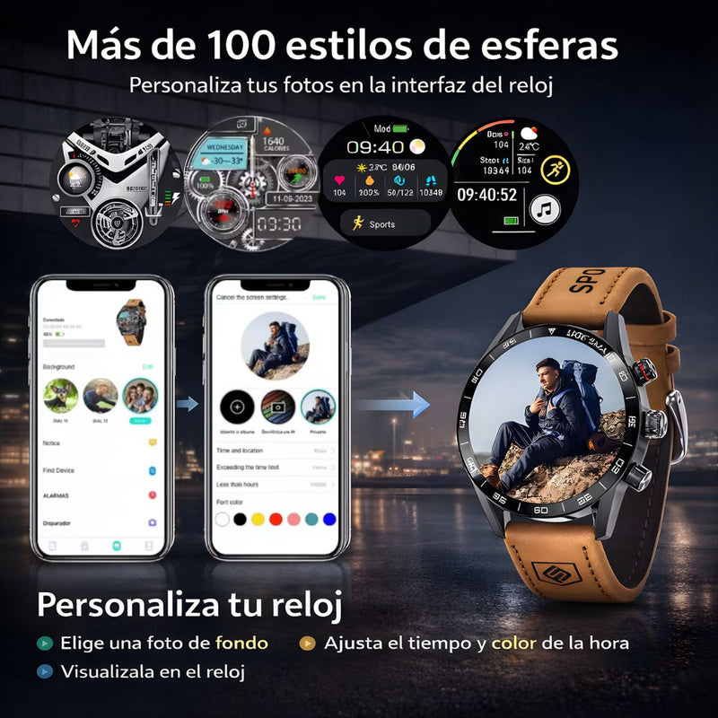 Smartwatch Con Llamadas Bluetooth Y Pantalla HD 1.32”. Reloj Inteligente IP67 Con Monitor De Ritmo Cardíaco Y Carga Magnética. Color Marrón Con Negro.