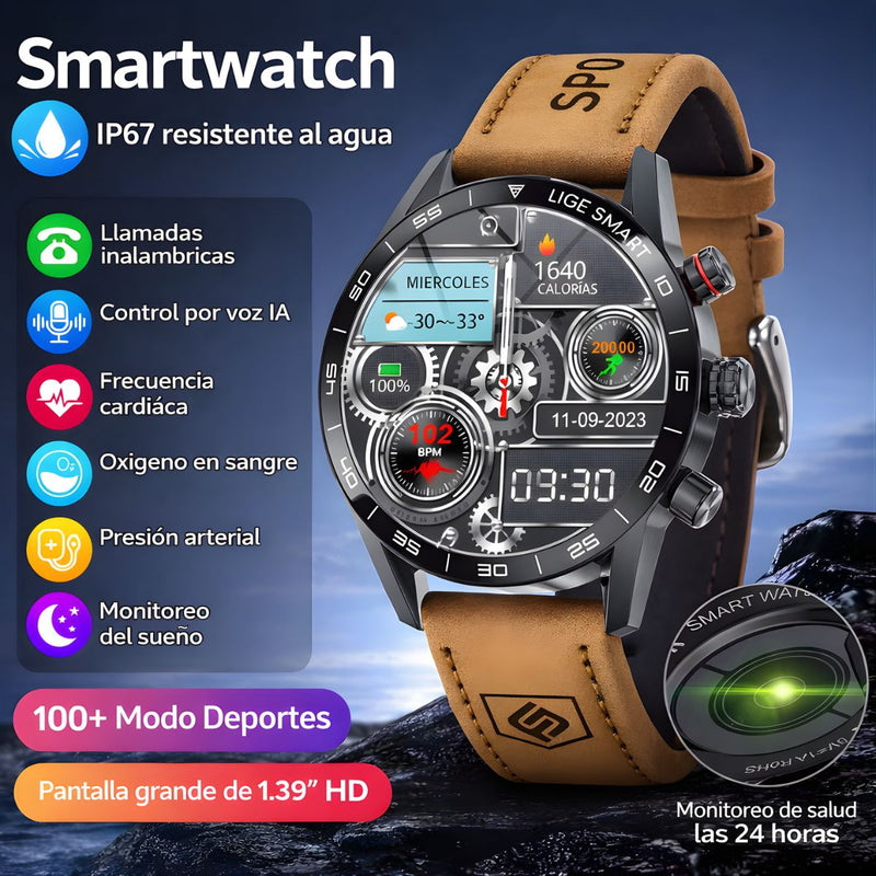 Smartwatch Con Llamadas Bluetooth Y Pantalla HD 1.32”. Reloj Inteligente IP67 Con Monitor De Ritmo Cardíaco Y Carga Magnética. Color Marrón Con Negro.
