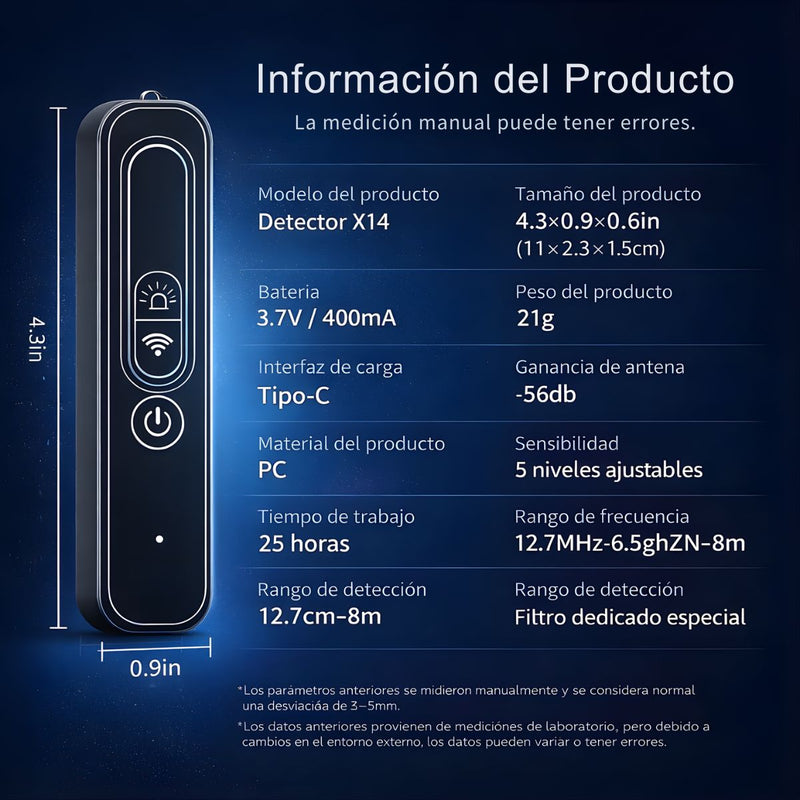 Detector De Cámaras Ocultas Y GPS Portátil Con Sensor Infrarrojo. Detector De Dispositivos Espía Y Señales RF WiFi. Con Linterna LED Y Batería Recargable USB-C. x14