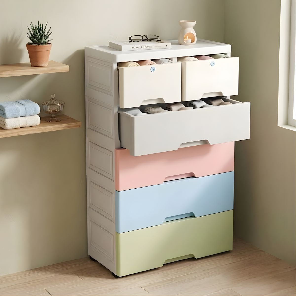Gavetero Plástico Organizador De 5 Niveles Con Ruedas (57x34x101cm). Cajonera Multiuso. Mueble Ideal para almacenamiento. Colores Macarón