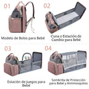Mochila Pañalera Multifuncional Para Bebé Con Cuna Portátil +mosquitera. Bolso con Cambiador, Puerto USB y Bolsillos Térmicos. Morral Color rosado.