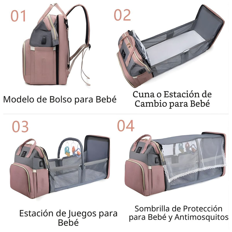 Mochila Pañalera Multifuncional Para Bebé Con Cuna Portátil +mosquitera. Bolso con Cambiador, Puerto USB y Bolsillos Térmicos. Morral Color rosado.