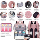 Mochila Pañalera Multifuncional Para Bebé Con Cuna Portátil +mosquitera. Bolso con Cambiador, Puerto USB y Bolsillos Térmicos. Morral Color rosado.