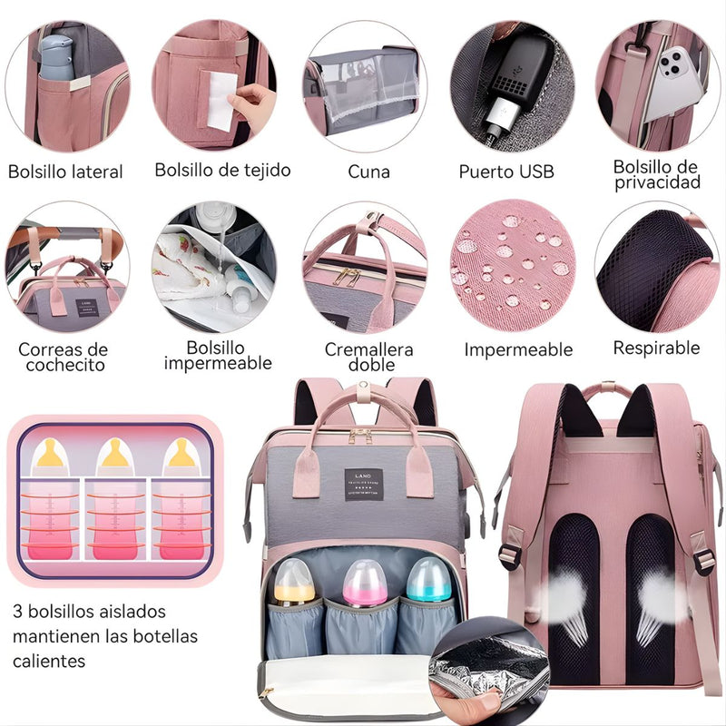 Mochila Pañalera Multifuncional Para Bebé Con Cuna Portátil +mosquitera. Bolso con Cambiador, Puerto USB y Bolsillos Térmicos. Morral Color rosado.
