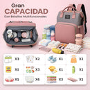 Mochila Pañalera Multifuncional Para Bebé Con Cuna Portátil +mosquitera. Bolso con Cambiador, Puerto USB y Bolsillos Térmicos. Morral Color rosado.