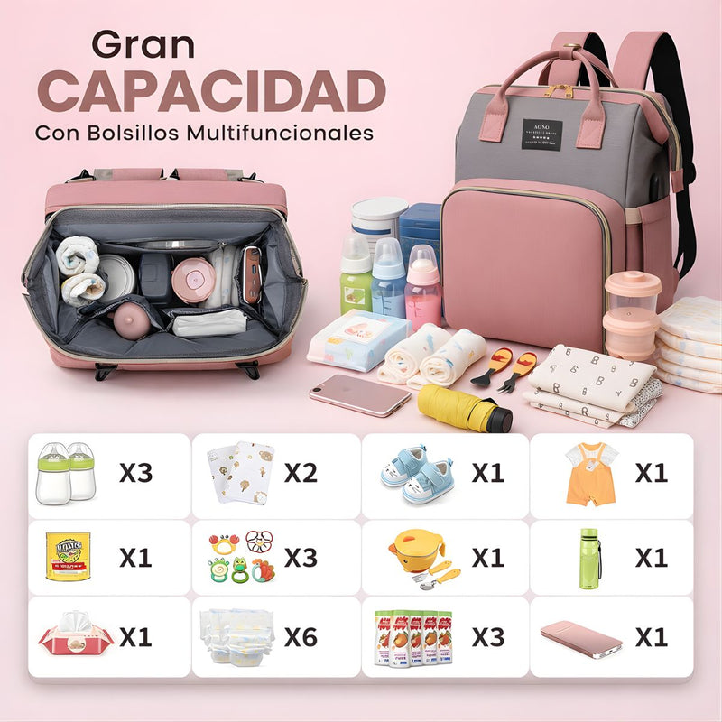 Mochila Pañalera Multifuncional Para Bebé Con Cuna Portátil +mosquitera. Bolso con Cambiador, Puerto USB y Bolsillos Térmicos. Morral Color rosado.