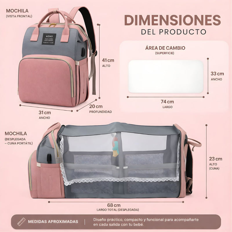 Mochila Pañalera Multifuncional Para Bebé Con Cuna Portátil +mosquitera. Bolso con Cambiador, Puerto USB y Bolsillos Térmicos. Morral Color rosado.
