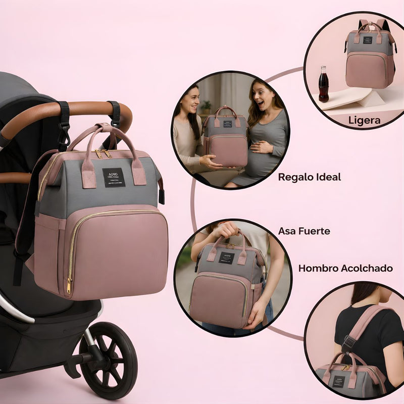 Mochila Pañalera Multifuncional Para Bebé Con Cuna Portátil +mosquitera. Bolso con Cambiador, Puerto USB y Bolsillos Térmicos. Morral Color rosado.