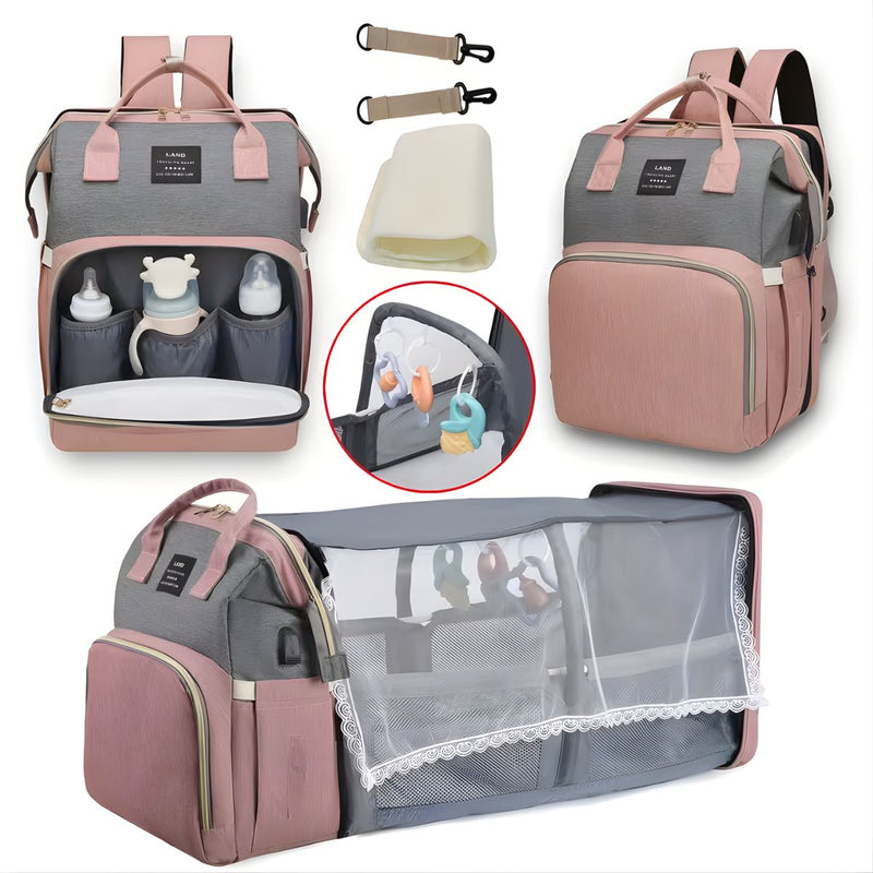 Mochila Pañalera Multifuncional Para Bebé Con Cuna Portátil +mosquitera. Bolso con Cambiador, Puerto USB y Bolsillos Térmicos. Morral Color rosado.