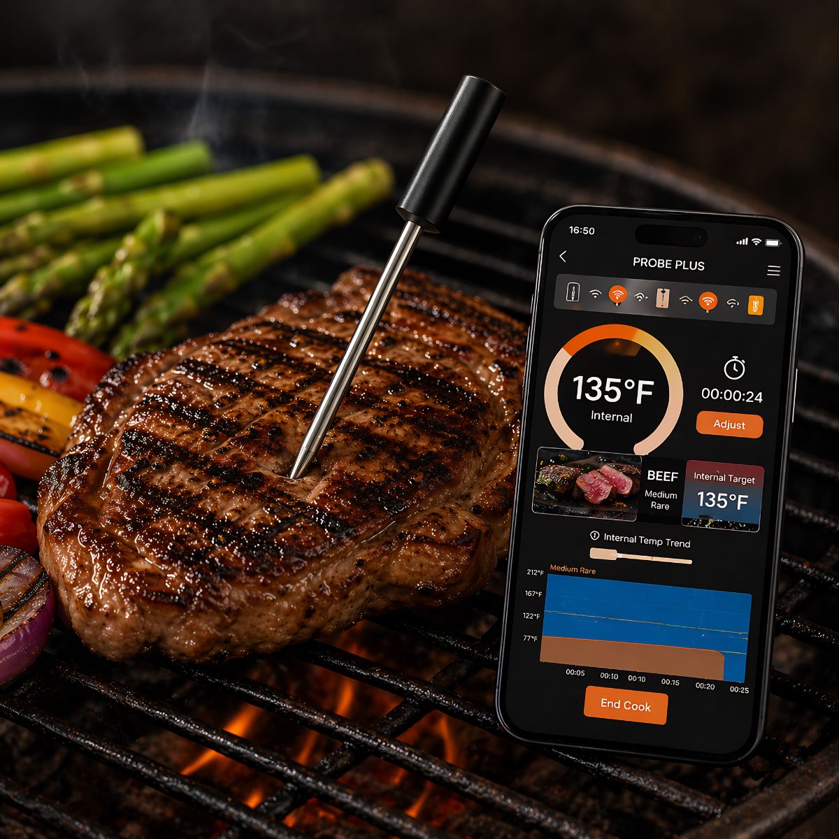 Termómetro Bluetooth para Carnes y Parrillas con Monitoreo en Tiempo Real. Con App. Ideal Para Asados