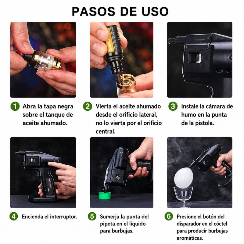 Pistola para Burbujas de Humo para Cocteles. Kit Ahumador Portátil Recargable. Set Ideal para Cocina Molecular, Bebidas y Gastronomía Creativa.