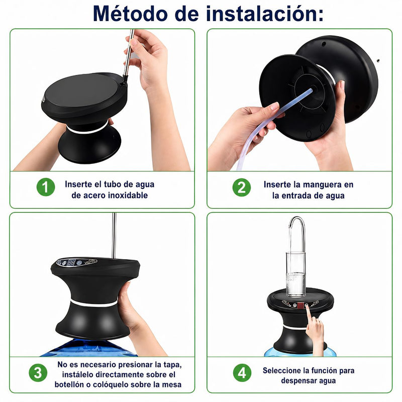 Dispensador de Agua Eléctrico Recargable USB. Color negro. Bomba de agua automática con pantalla digital para garrafón o garrafa de agua.