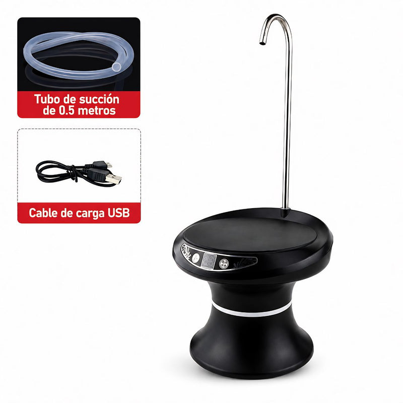 Dispensador de Agua Eléctrico Recargable USB. Color negro. Bomba de agua automática con pantalla digital para garrafón o garrafa de agua.