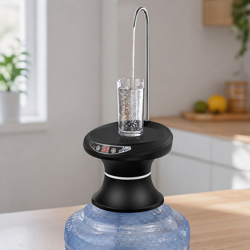 Dispensador de Agua Eléctrico Recargable USB. Color negro. Bomba de agua automática con pantalla digital para garrafón o garrafa de agua.