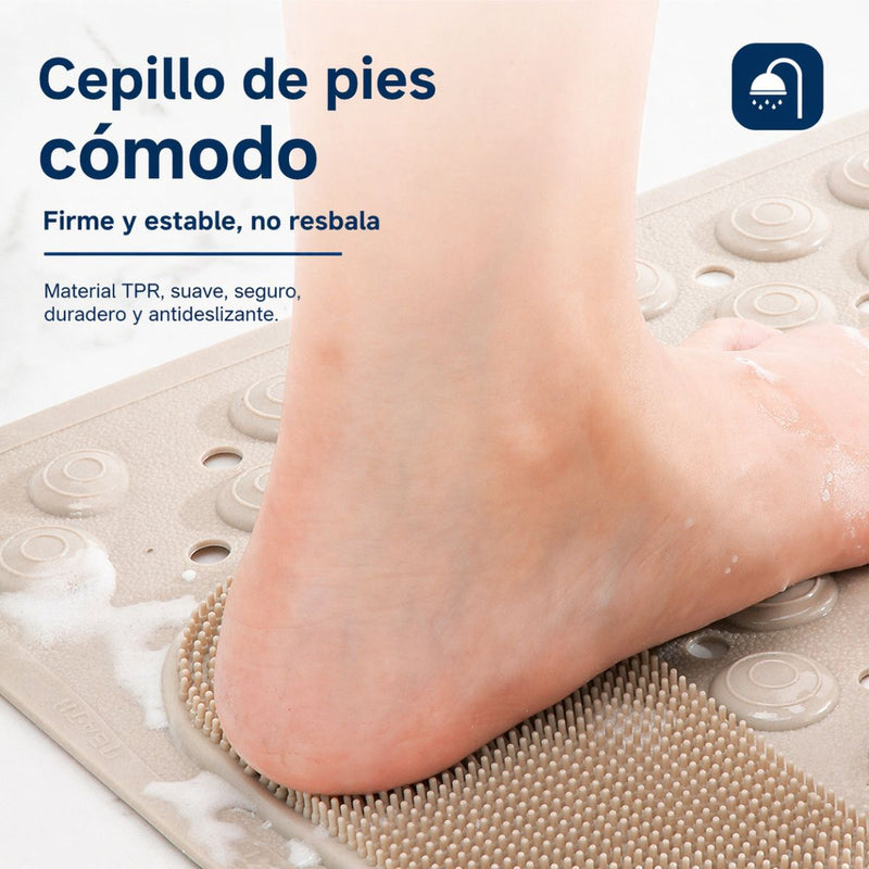 Alfombra De Ducha Antideslizante Beige 60x90 cm Con Cepillo De Pies Integrado. Tapete De Baño Con Ventosas de Secado Rápido.