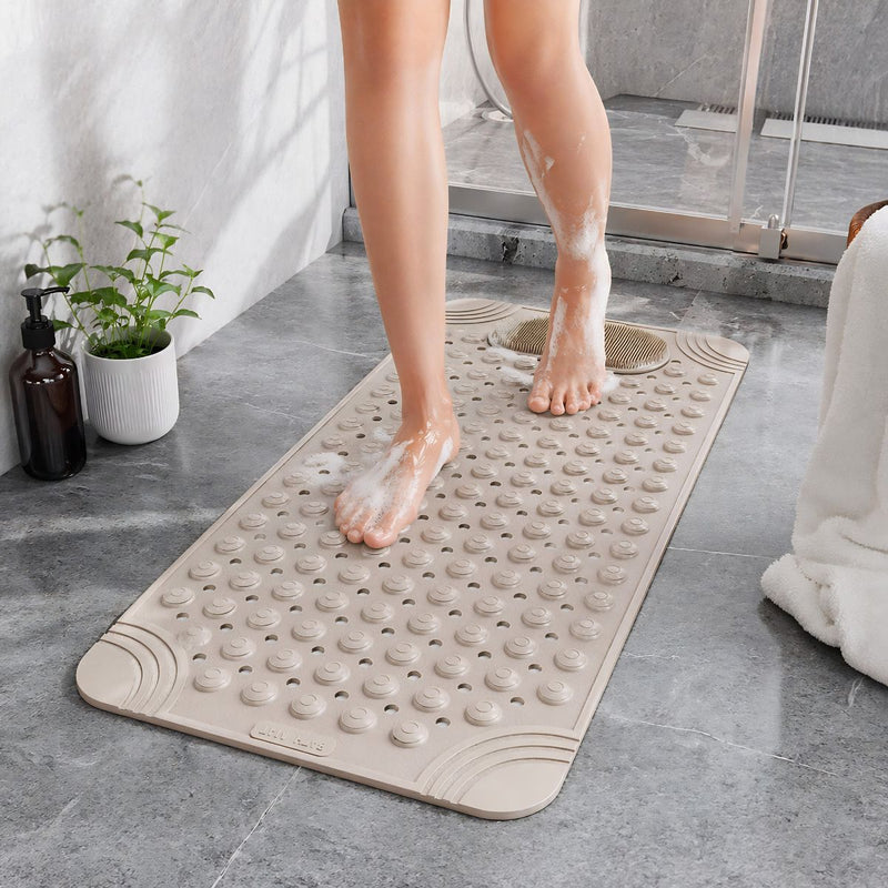 Alfombra De Ducha Antideslizante Beige 60x90 cm Con Cepillo De Pies Integrado. Tapete De Baño Con Ventosas de Secado Rápido.