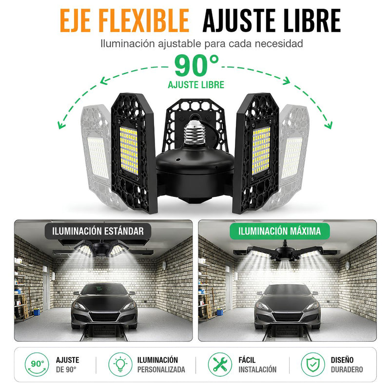 Lámpara LED Ajustable para Garaje 80W E27. Luz Blanca con Paneles Plegables 90°. Foco Bombillo para Taller, Depósito y Almacén.