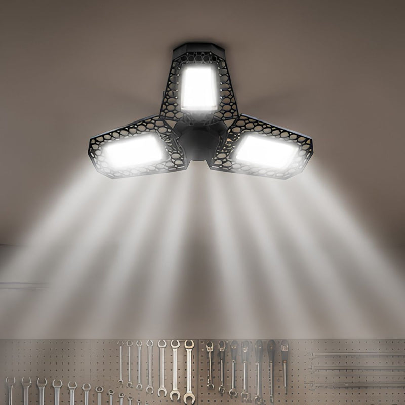 Lámpara LED Ajustable para Garaje 80W E27. Luz Blanca con Paneles Plegables 90°. Foco Bombillo para Taller, Depósito y Almacén.