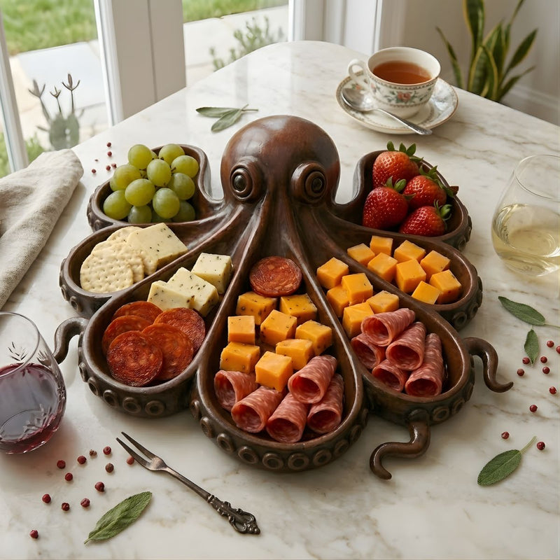 Bandeja De Charcutería Con Diseño De Pulpo. Plato Dividido Para Snacks. Organizador De Aperitivos Decorativo (30.5x28.5cm).