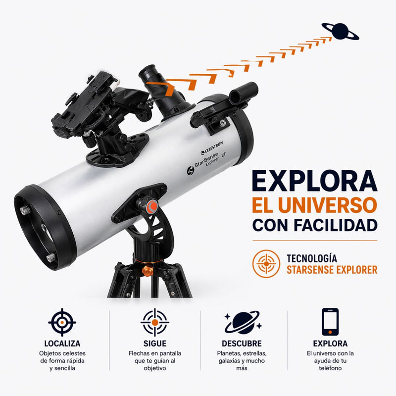 Telescopio Astronómico celestron 22452  SSE LT114AZ 114mm con Localización Automática por App, 1000mm Alta Potencia, Trípode Ajustable y Soporte Celular con APP  StarSense