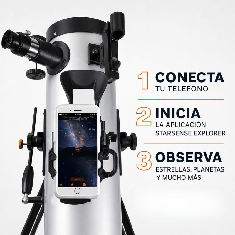Telescopio Astronómico celestron 22452  SSE LT114AZ 114mm con Localización Automática por App, 1000mm Alta Potencia, Trípode Ajustable y Soporte Celular con APP  StarSense