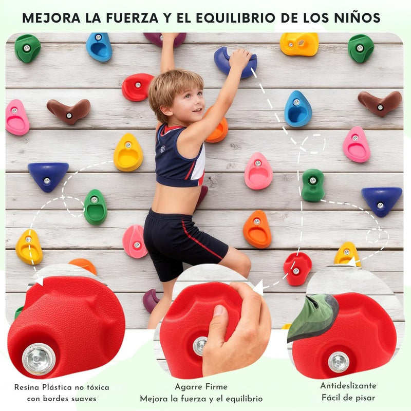 Piedras para Escalar Infantil 20 Piezas de prensas con Tornillos M10 y Llave Allen. Agarraderas para Muro de Escalada Niños Interior Exterior. Multicolor