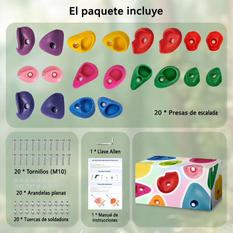 Piedras para Escalar Infantil 20 Piezas de prensas con Tornillos M10 y Llave Allen. Agarraderas para Muro de Escalada Niños Interior Exterior. Multicolor