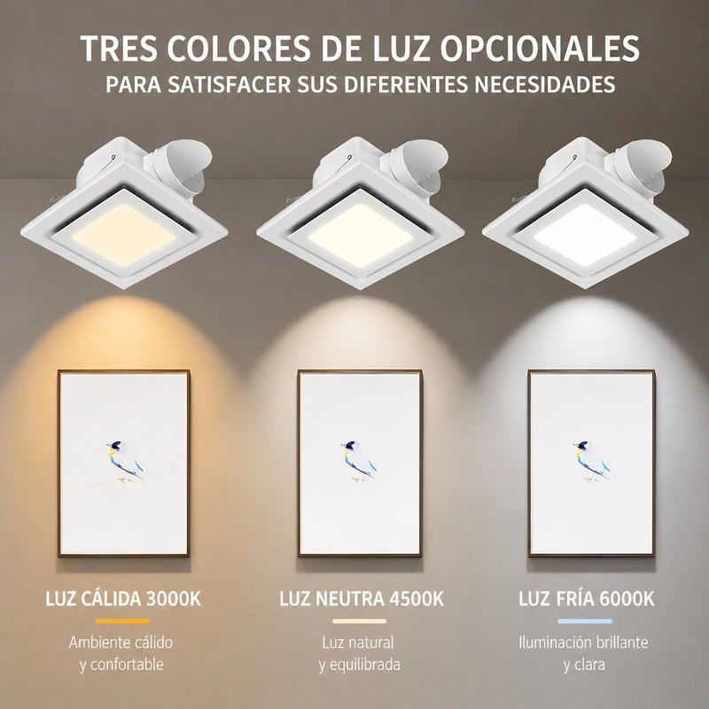 Extractor de aire para Baño con LED 12” Cuadrado con 3 Tonos de Luz y Ventilador Integrado 296m³/h. Panel Extractor para Techo. Color Blanco