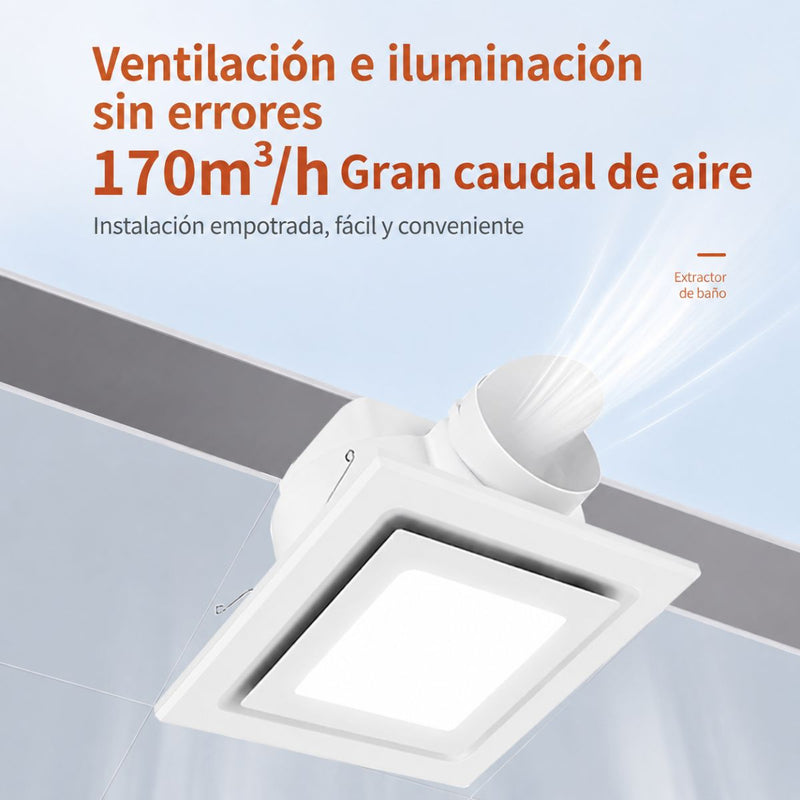 Extractor de aire para Baño con LED 12” Cuadrado con 3 Tonos de Luz y Ventilador Integrado 296m³/h. Panel Extractor para Techo. Color Blanco
