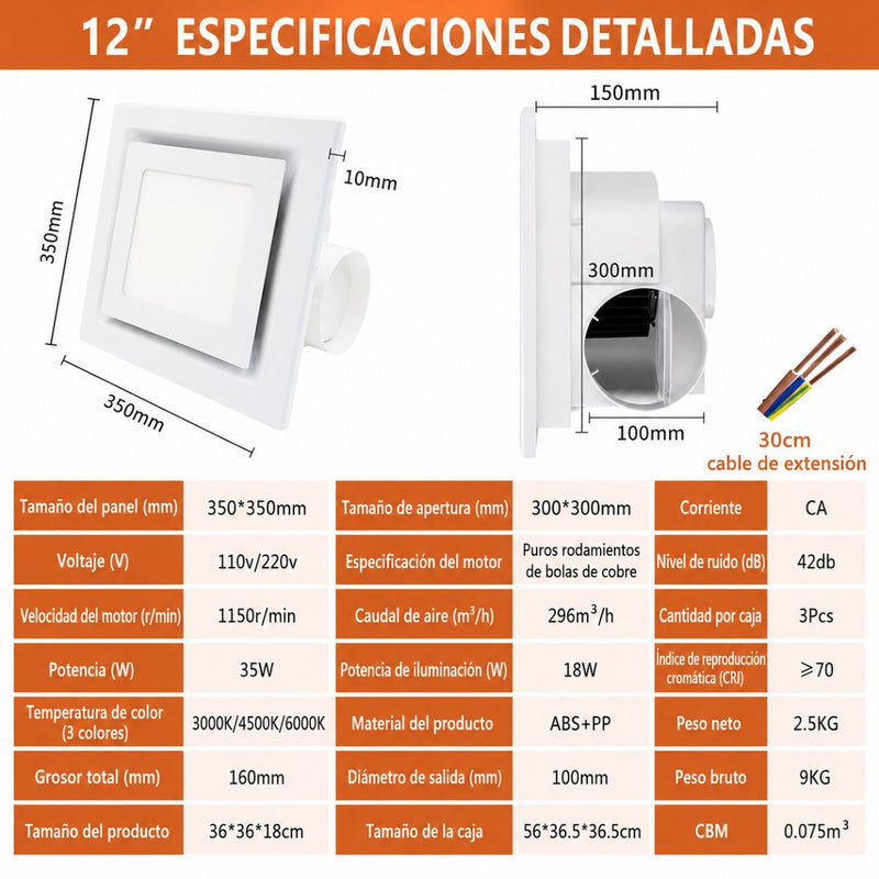 Extractor de aire para Baño con LED 12” Cuadrado con 3 Tonos de Luz y Ventilador Integrado 296m³/h. Panel Extractor para Techo. Color Blanco