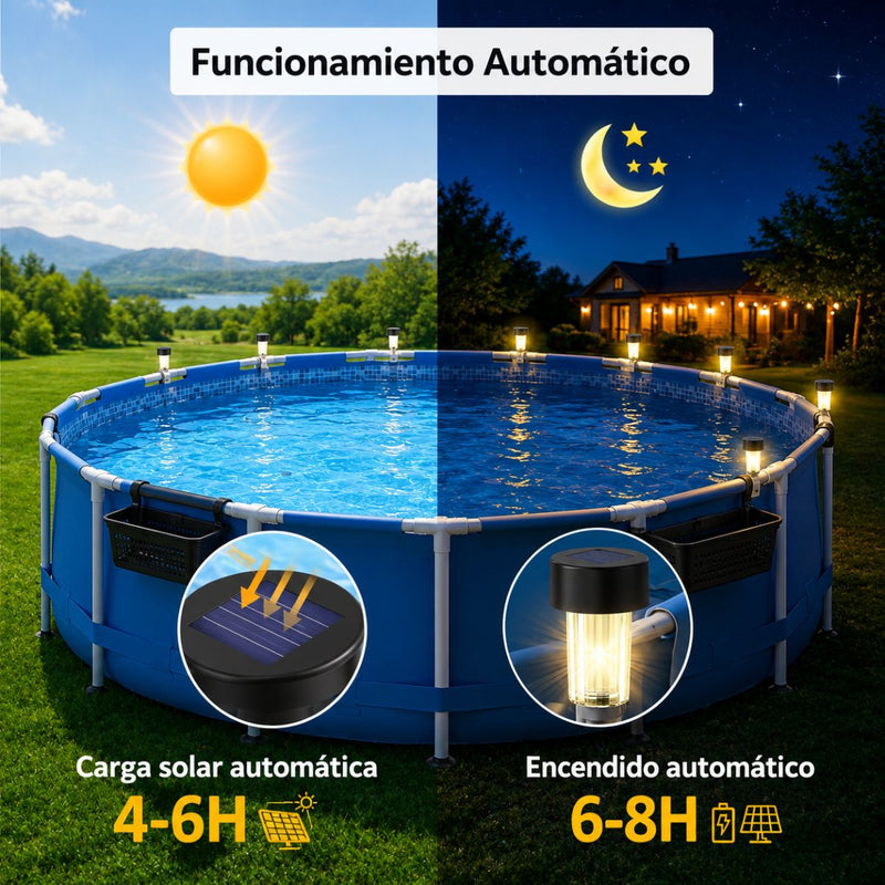 Luces Solares LED para Piscina de Acero Inoxidable con Clip Ajustable. Lámpara Solar Luz Cálida Automática para Piscinas, Jacuzzi, Patio y Terraza (6 Unds)
