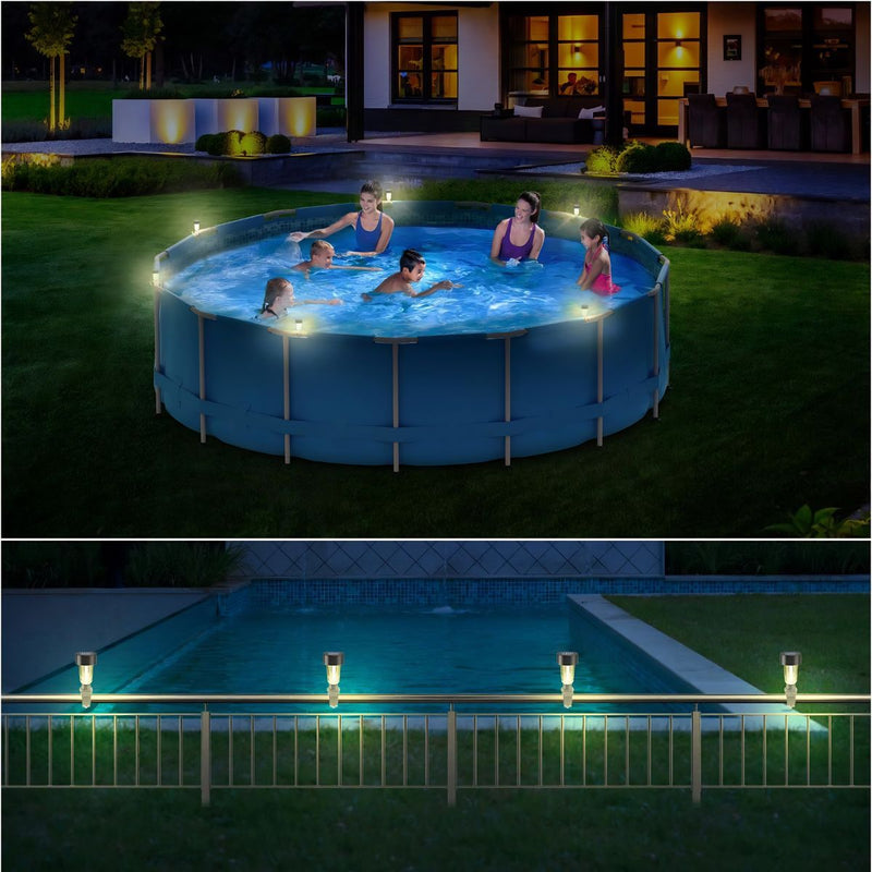 Luces Solares LED para Piscina de Acero Inoxidable con Clip Ajustable. Lámpara Solar Luz Cálida Automática para Piscinas, Jacuzzi, Patio y Terraza (6 Unds)