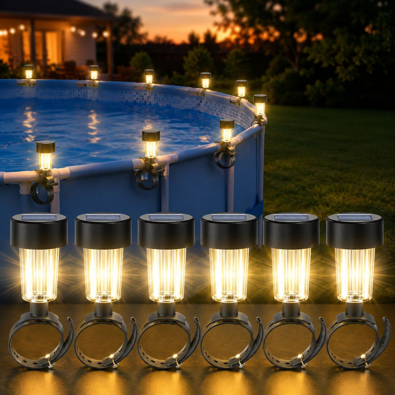 Luces Solares LED para Piscina de Acero Inoxidable con Clip Ajustable. Lámpara Solar Luz Cálida Automática para Piscinas, Jacuzzi, Patio y Terraza (6 Unds)